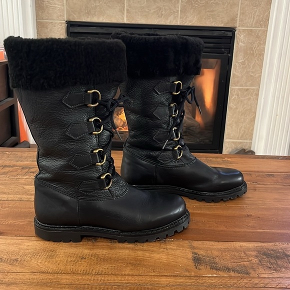 LA Canadienne lace up black leather boots, shearling lined. Size 7.5, - Picture 2 of 12